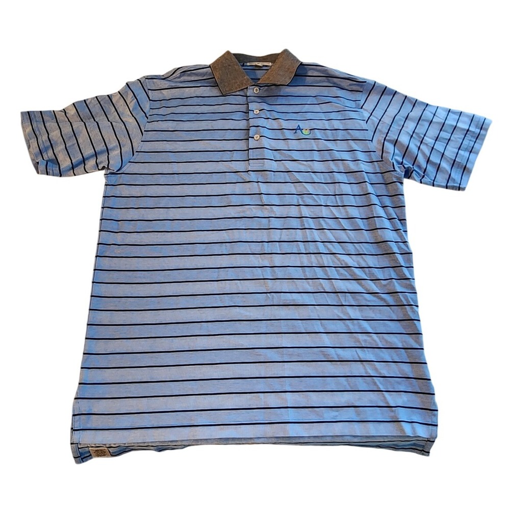 Peter Millar Mens Polo Shirt L Blue Black Striped Golf Casual Cotton